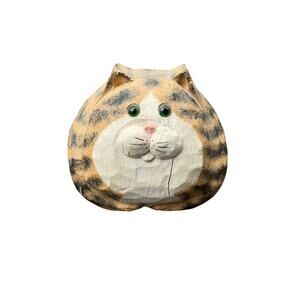 *READ* Wooden Tabby Cat Figurine Signed James Haddon Folk Art Fat Cat
